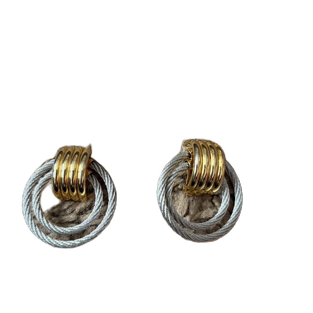 Vintage Gold Silver Loop Earrings Wire Bangle Clip On 70s 80s